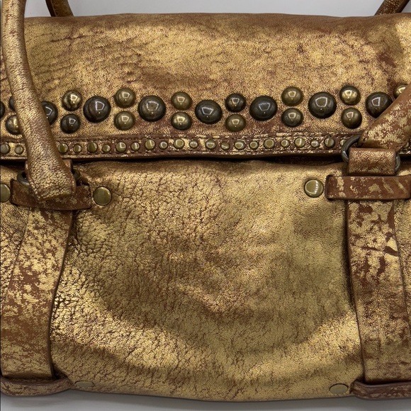 Like New Tre Vero XL Purse Bronze Gold Distressed Shimmer Studded Leather Bag - Picture 3 of 13